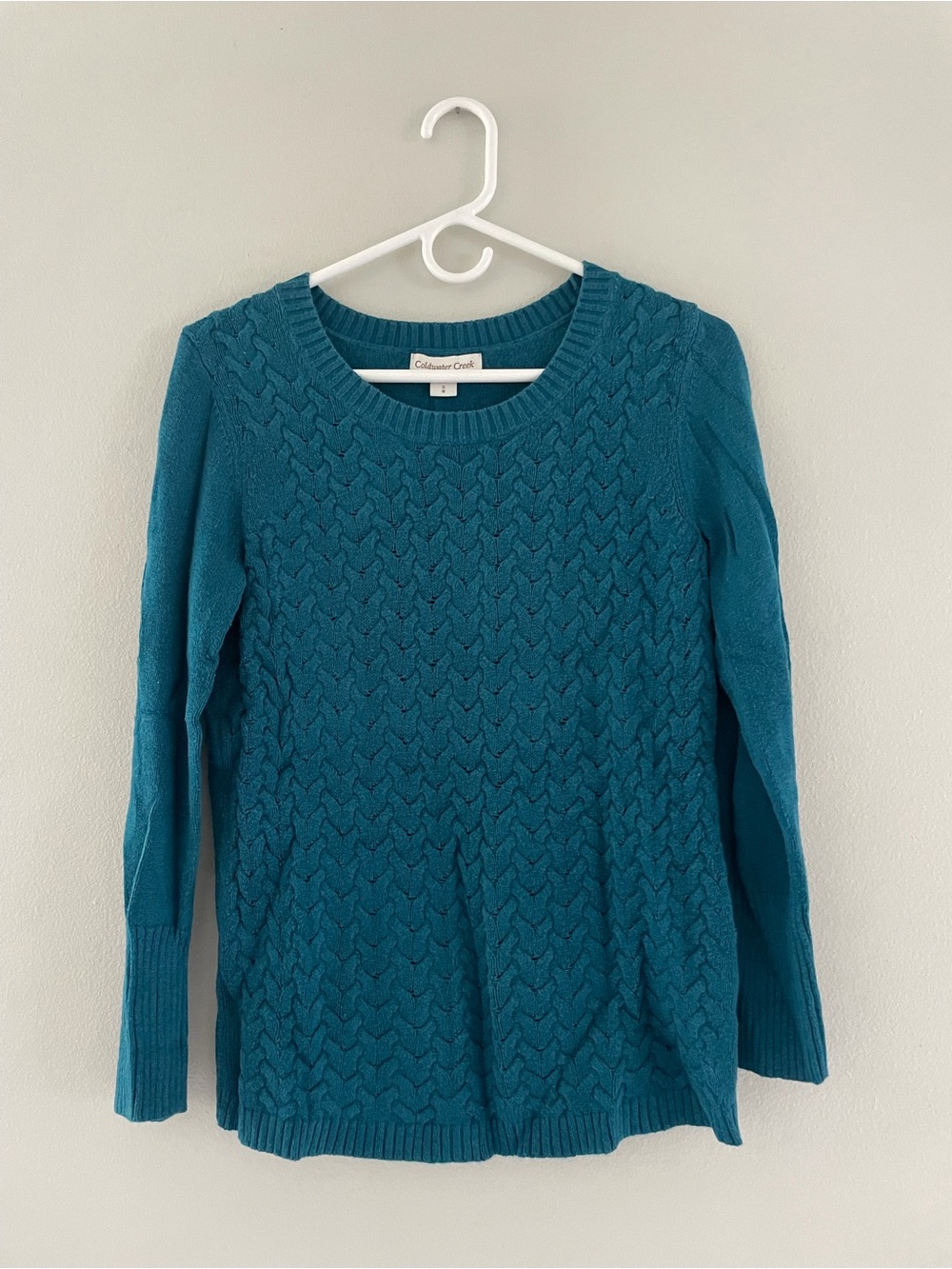 Coldwater Creek Teal Cable-Knit Crew Neck Sweater